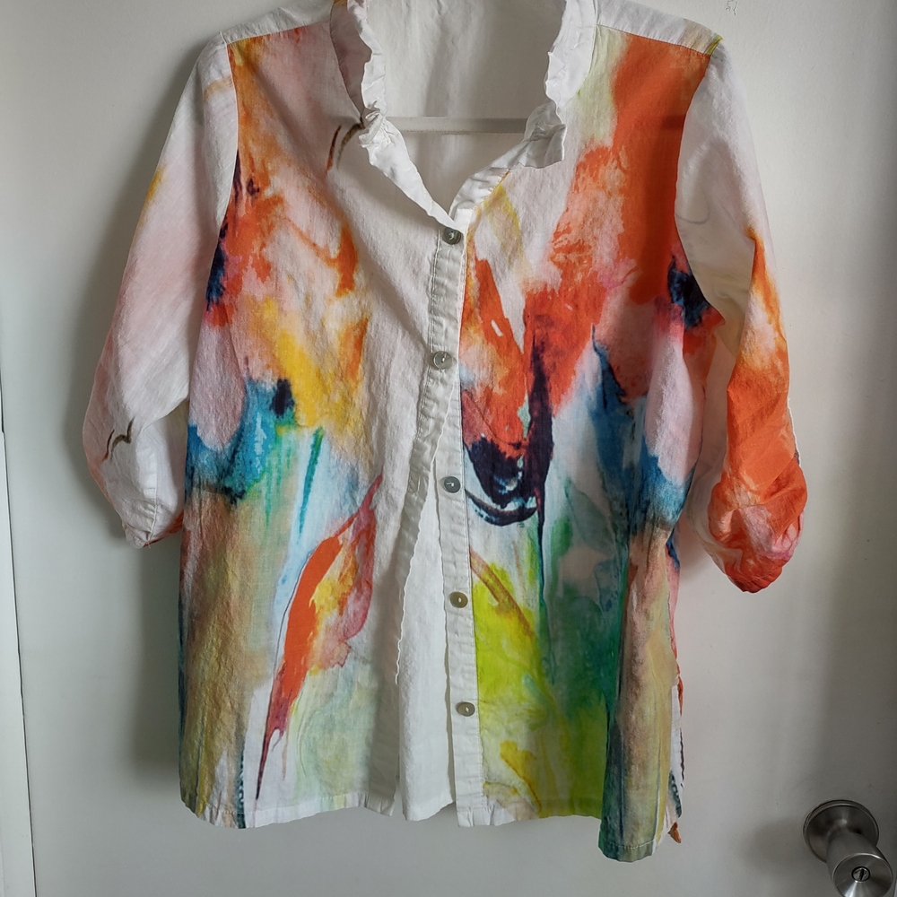 Soft Surroundings Orange and Green Boxy Button Down Shirt - Picture 2 of 6